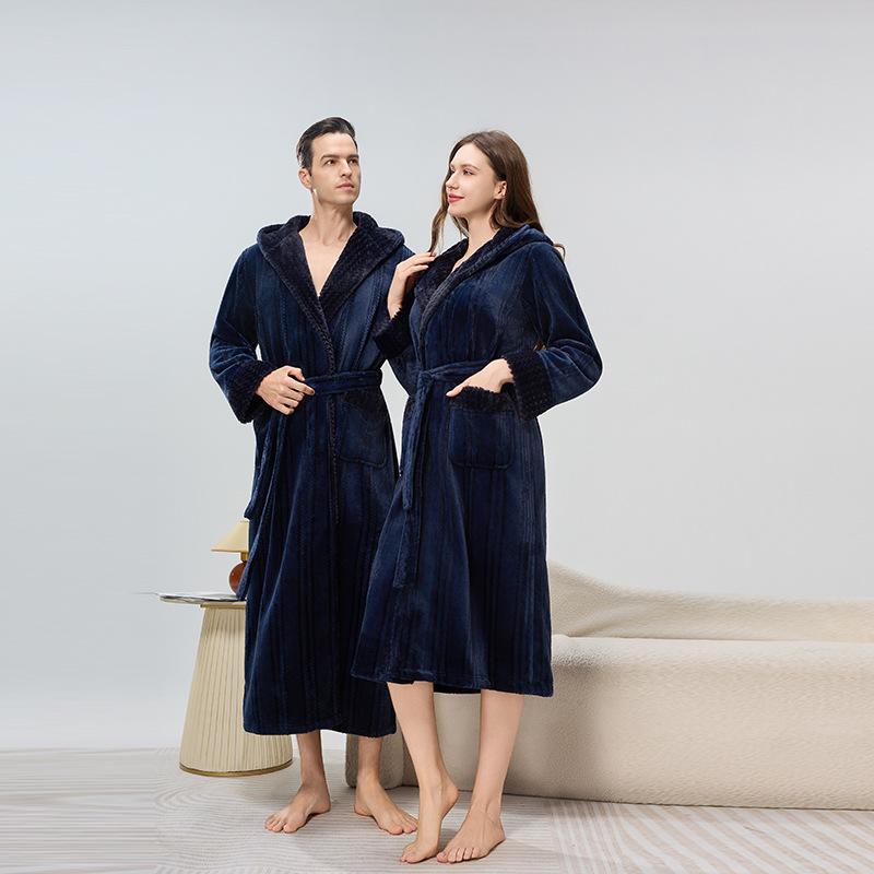 Cozy Couple Jacquard Fleece Long Robe - Hooded Autumn/Winter Bathrobe for Men & Women