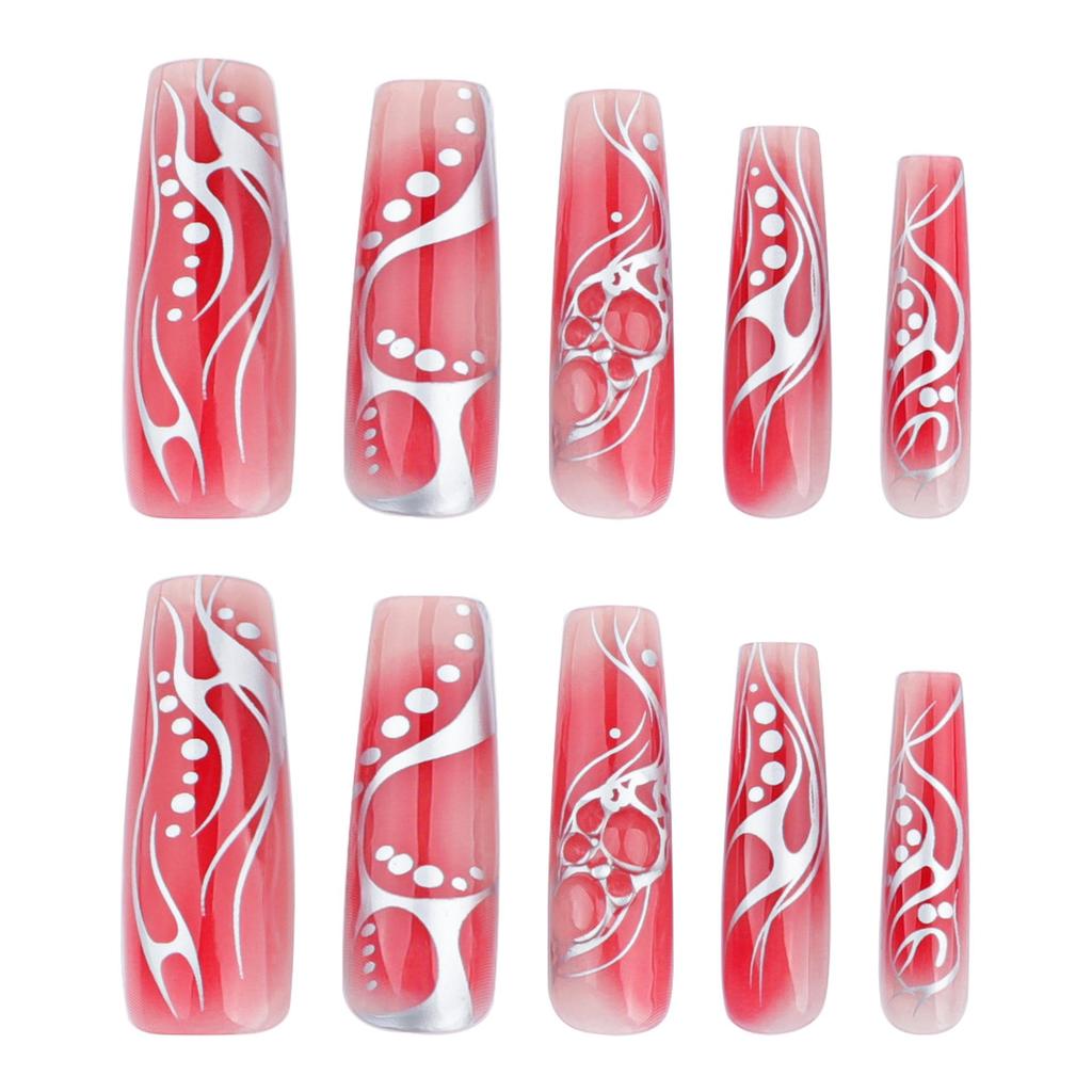 Κόκκινα ντεγκραντέ ασημένια ριγέ μακριά ψεύτικα νύχια - Συλλογή Φθινόπωρο/Χειμώνας