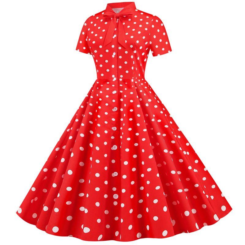 Summer Fashion Style Polka Dot Short Sleeve Bowknot Print Party Swing Dress Female Fashion