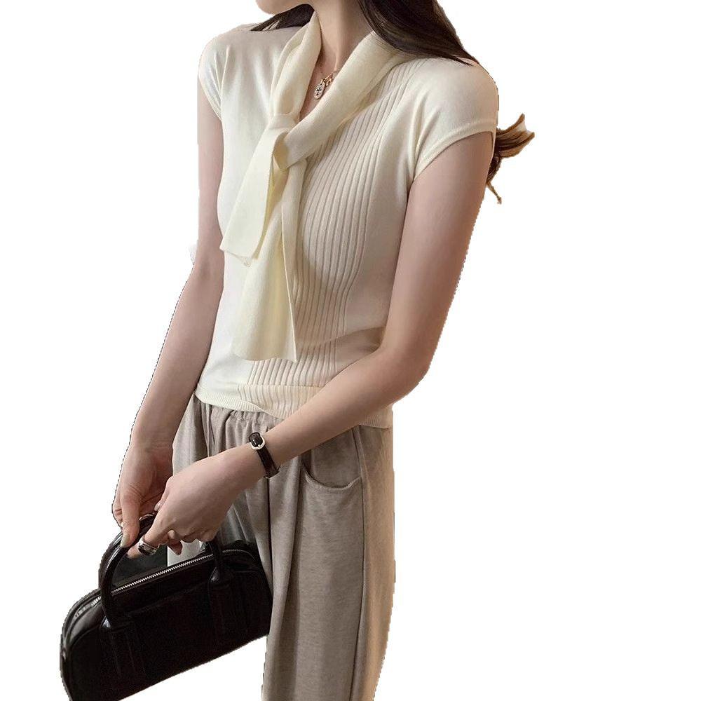 2025 Summer Women's V-Neck Knit Top with Shoulder Pads and Ribbon - Hong Kong Style