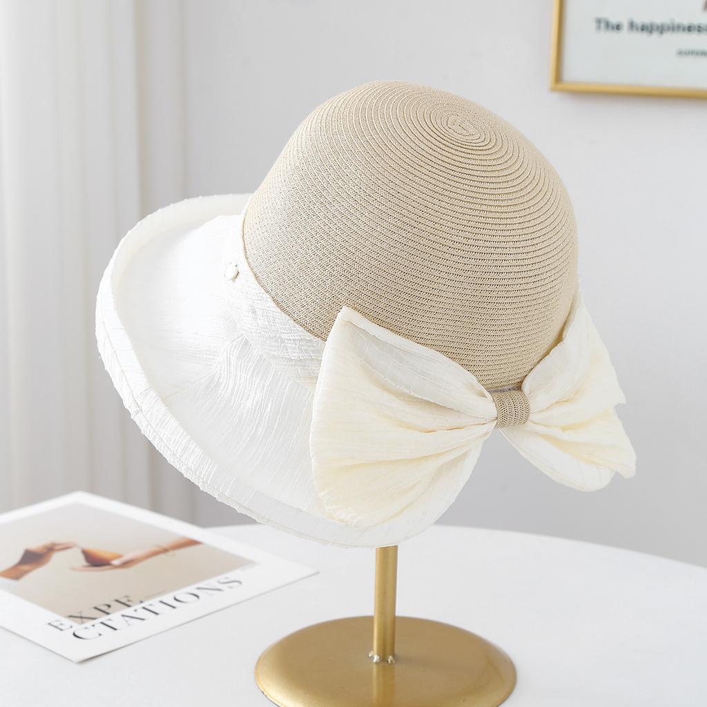 Women's Summer Wide Brim Bucket Hat Bow-Knot Patchwork Fisherman Style Beach Accessory