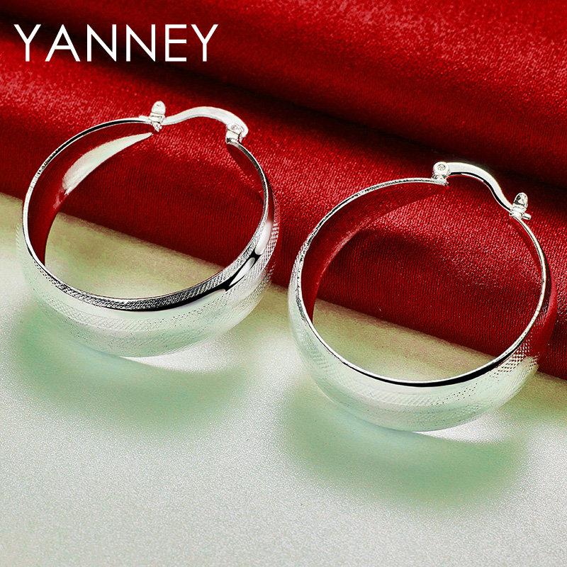S925 Sterling Silver Glossy Geometric Round Hoop Earrings for Women Wedding Fashion Jewelry Accessories Girlfriend Gifts