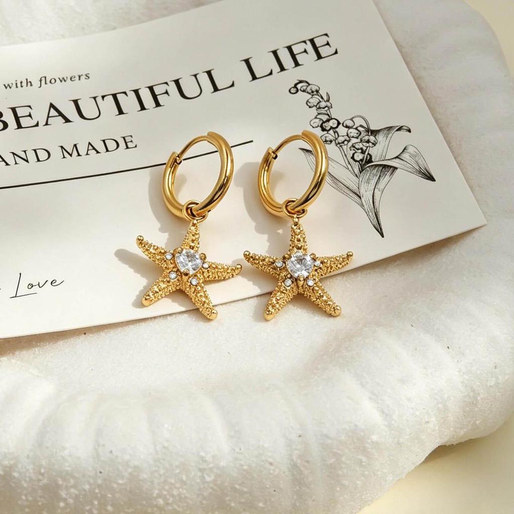 Gold-Starfish Zircon Earrings: Women's Vacation Style, Chic & Elegant Niche Design, Vibrant Fashion Statement