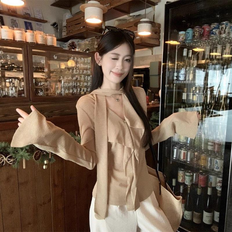 Design Ribbon V-Neck Long Sleeve T-Shirt Women's Autumn New Spice Girl Style Skinny Slim Reducing Age Versatile Top