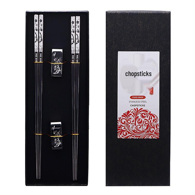 304 Stainless Steel Chopsticks & Rests Gift Set with Laser Black and White Logo