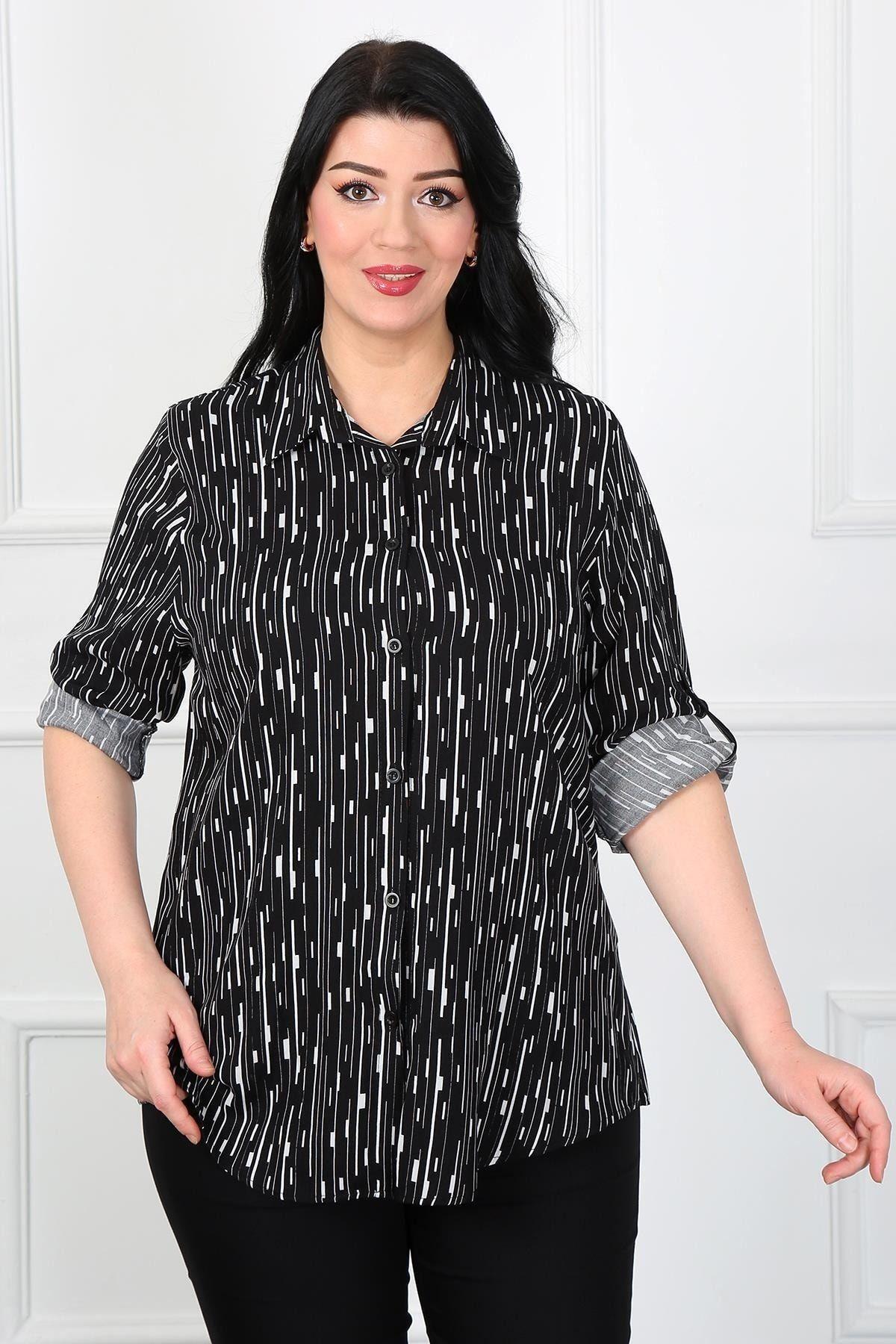 

Women s Style Plus Size Shirt Black Cotton Viscose Column Pattern Big Size Shirt 2XL