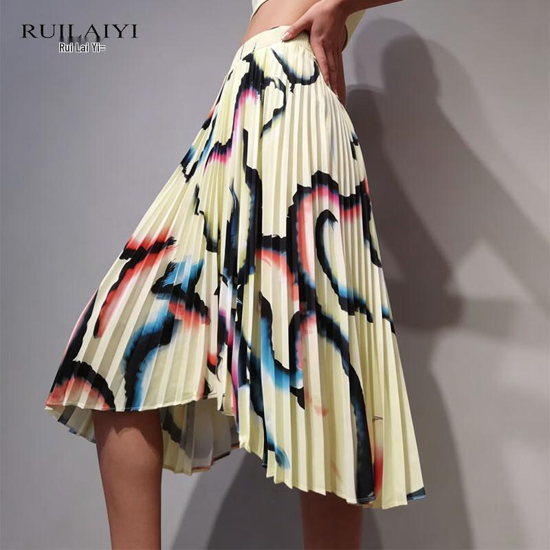 Women s Fashion Asymmetric Pleated Print Midi Skirt L