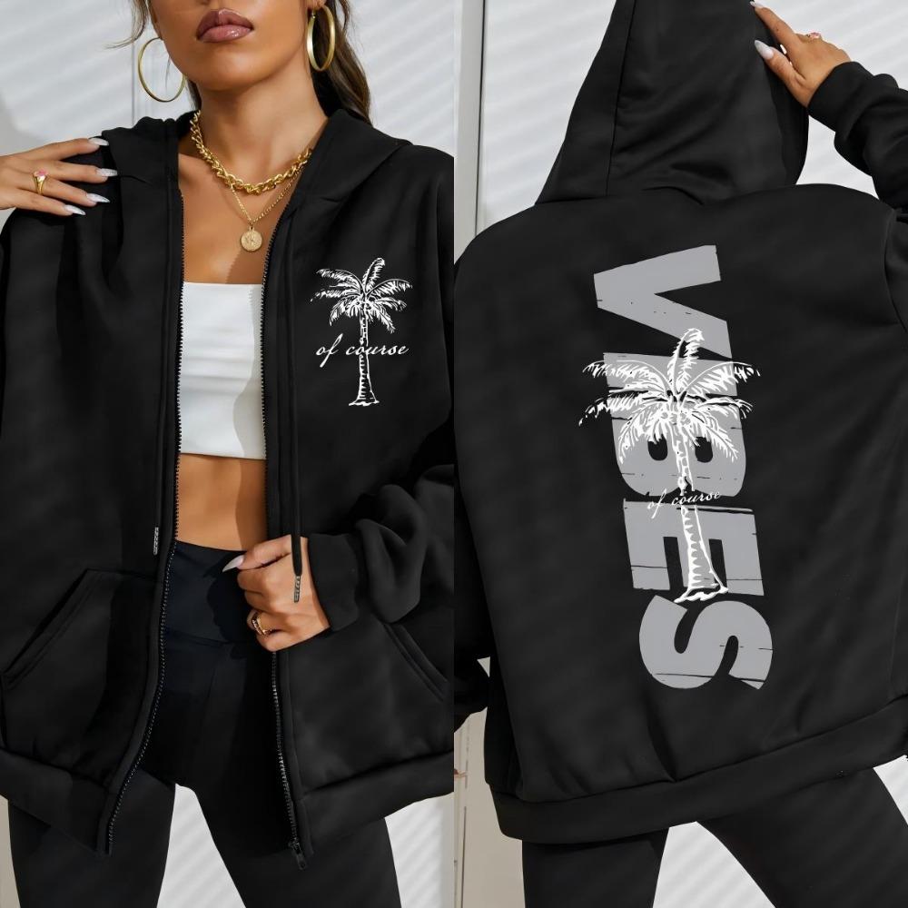 Summer Beach Vibes Coconut Tree Prints Women Zipper Hoodie Fashion Loose Hoody Soft Casual Sportswear Autumn Clothing