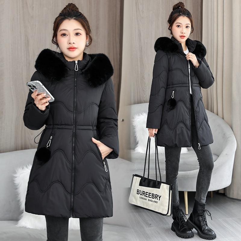 White Fur Collar Waist Padded Clothes Women's Winter New Medium and Long Hooded Padded Clothes Casual Padded Jacket