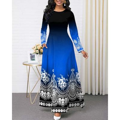 Spring and Autumn Women's Dress Printed Round Neck Long Sleeve Long Dresses