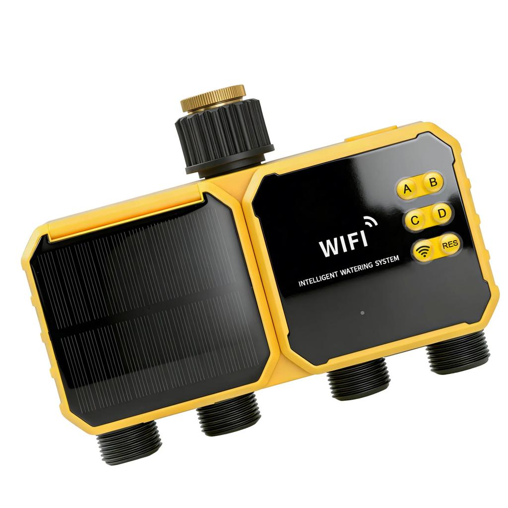 Zavlažovací časovač 4 zóny, Solární WiFi časovač vody s dálkovým ovládáním přes APP, Funkce detekce deště, Nastavitelný 90 stupňů