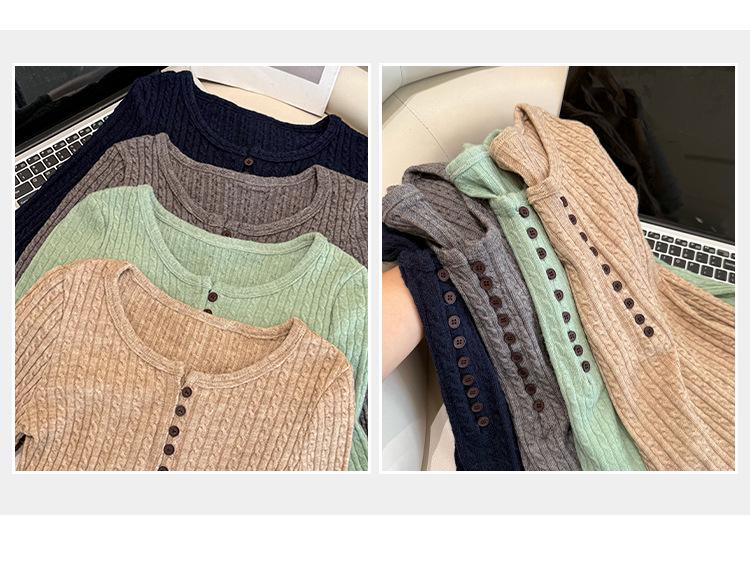 Henley Collar Cable Knit Slimming Base Layer Top for Women - Autumn/Winter Elegant Slim Fit Long Sleeve