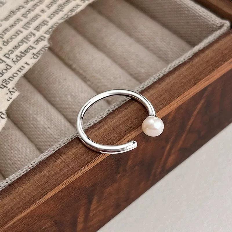 925 Sterling Silver Minimalist Pearl Open Ring for Women - Elegant, Versatile, High-Class Style Adjustable Open