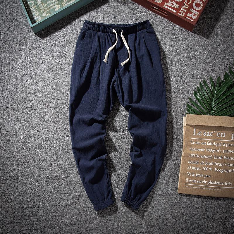 StrideBox Hanfu-Inspired Linen Men's Pants: Thin, Loose-Fit 9-Point Style for Spring/Summer M donkerblauwe kleur