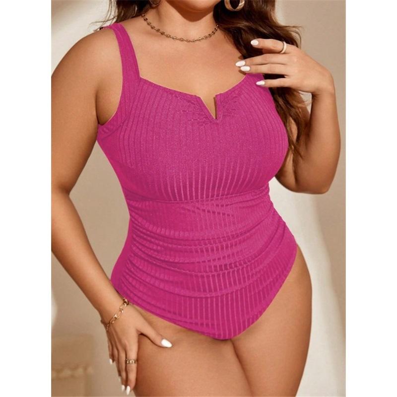 Women's Plus Size Ribbed One Piece Swimsuit, V Notch Tummy Control Triangle Bathing Suit