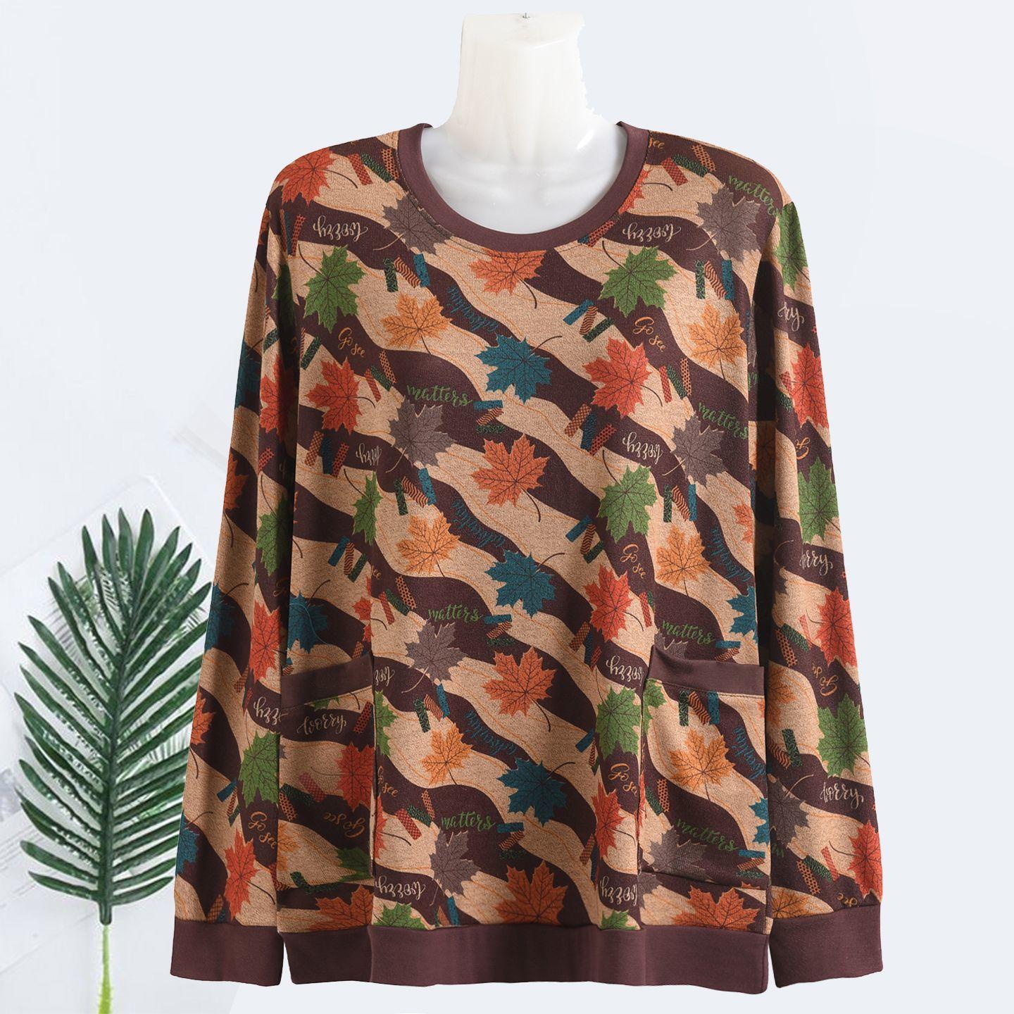 

Autumn Women s Long-Sleeve Printed T-Shirt Loose Fit Round Neck Stretch Pullover Plus Size T-Shirt with Pockets 5XL
