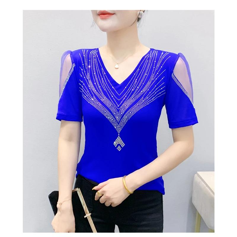 Summer V Neck Mesh Korean Fashion Patchwork Diamond Shirt Short Sleeve Women T Shirt
