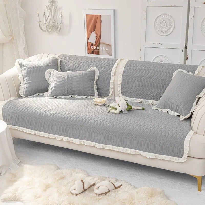 Cotton Sofa Cover for Living Room Thicken Sofa Cushion Solid Color Lace Fabric Embroidery Sofa Cover L Shape Couch Covers Decor