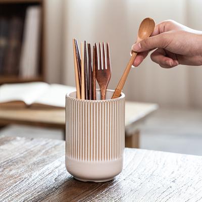 Multipurpose Ceramic Relief Vertical Pattern Flower Insert Household Kitchen Utensils Chopsticks Storage Jar Desk Pen Holder Makeup Brush Holder