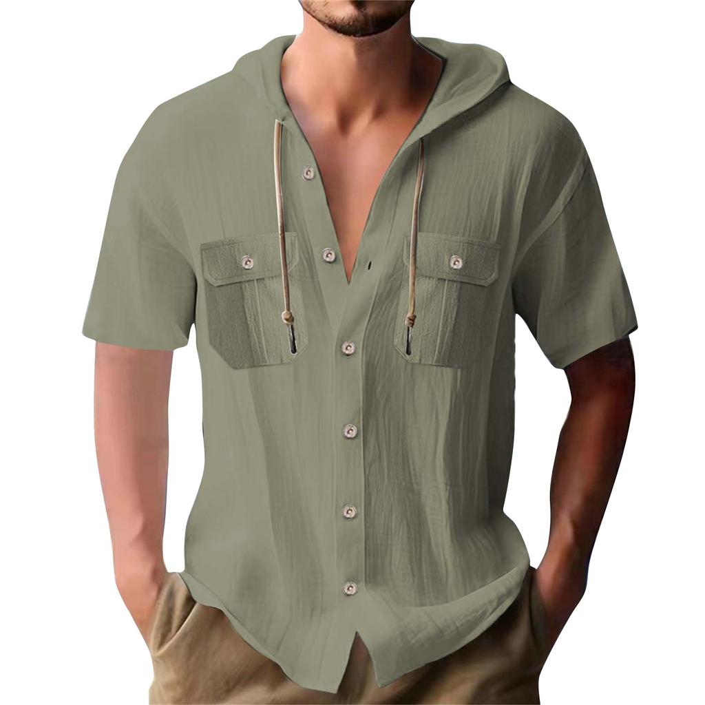 Men's Summer Solid Color Pockets Cotton Linen Short Sleeve Button Hooded