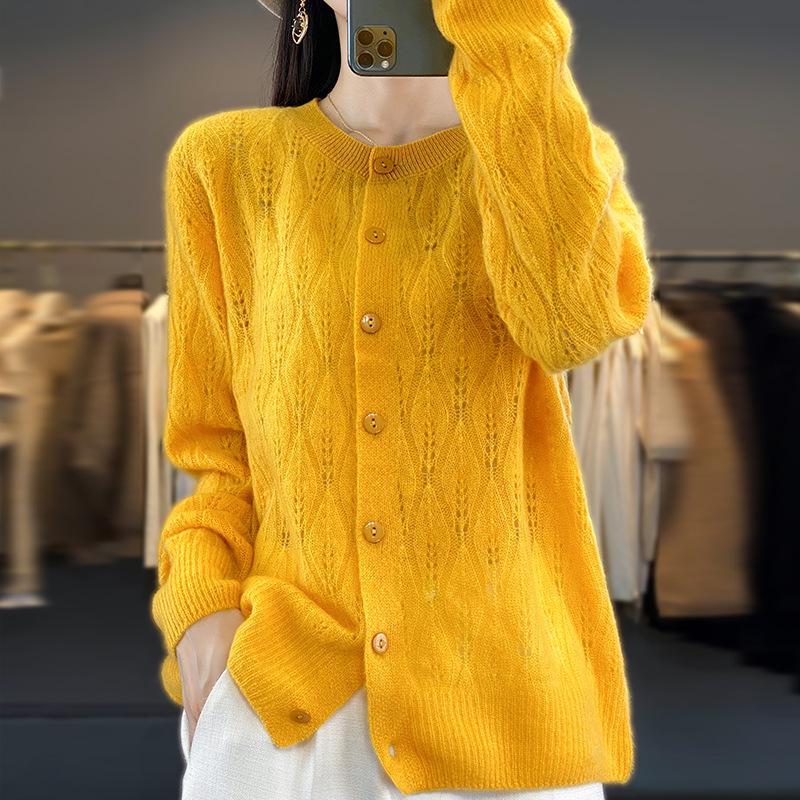 2023 Women's Retro Loose Round Neck Hollow Pure Wool Cardigan Sweater Knit - Early Autumn