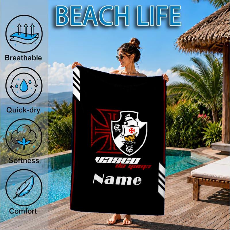 Custom Name Beach Towel Vasco Football Crest Emblem Microfiber Beach Towel, Lightweight for Summer Travel, Swimming Pool Fan Birthday Gift