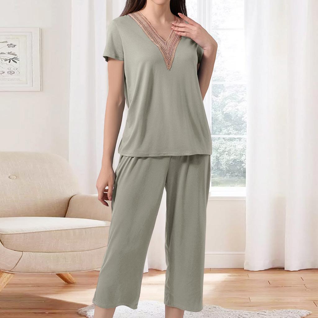 Women's Fashionable V-neck Casual Short-sleeved Loungewear Lace Pajamas Loose, Comfortable, Breathable Plus Size Color Top
