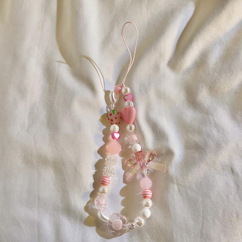 Bracelet de perles d'amour pour femmes, petit nœud en cristal frais, fleurs, amour, chaîne de téléphone portable, anti-chute, accessoires de coque de téléphone portable, DIY