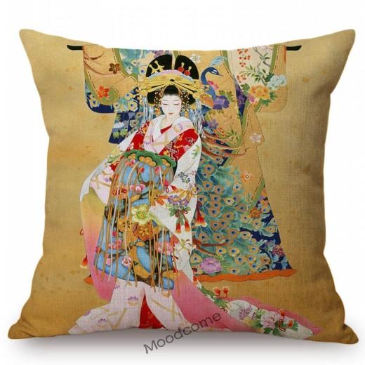 Ancient Japanese Traditional Geisha Oil Painting Art Home Decorative Sofa Throw Pillow Case Beautiful Girl Linen Cushion Cover