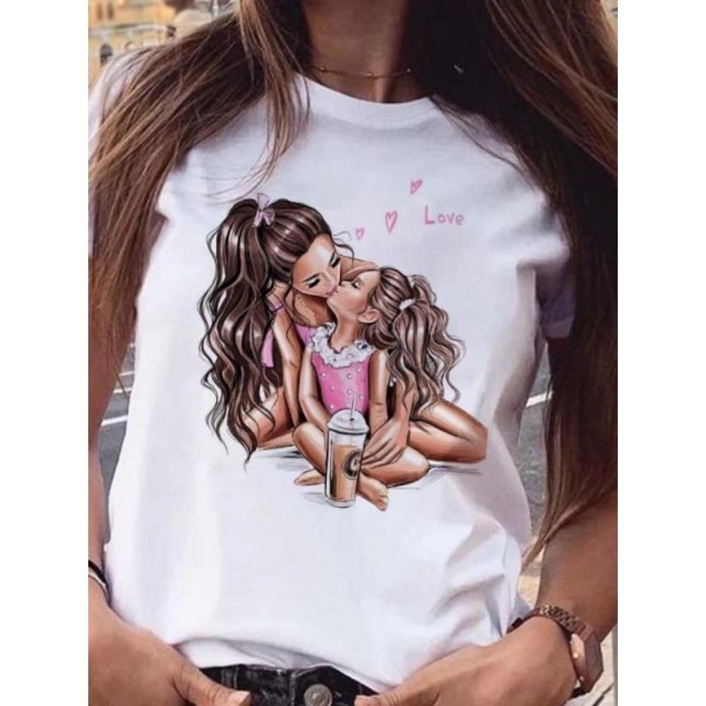 Maycaur Women T Shirt Cartoon Mom Daughter Son Print Lady T-shirts Short Sleeve Tops Women's Kawaii Graphic Female Tshirt Clothe