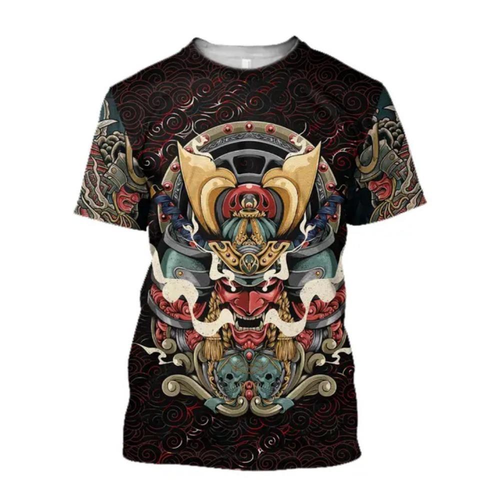 Japanese Harajuku Printing T Shirt For Men Fashion Samurai Mask Graphic T shirts Summer Leisure O-neck Pullover Oversized Tops