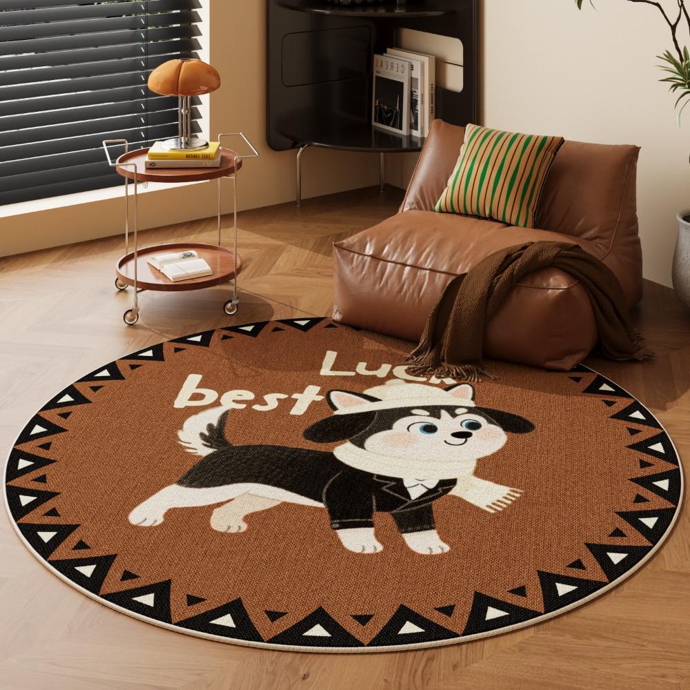 Cartoon Dog Round Carpet Mat - "best Luck" Text Rug with Geometric Border for Living Room Home Decoration Brown Rugs for Bedroom
