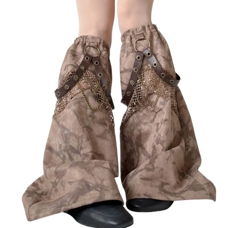 Damen Subkulturen Punk Netz-Spleißung Tie-Dye Beinwärmer Ösen PU-Riemen Kette Ausgestellte Baggy Fußabdeckungen Lange Socken