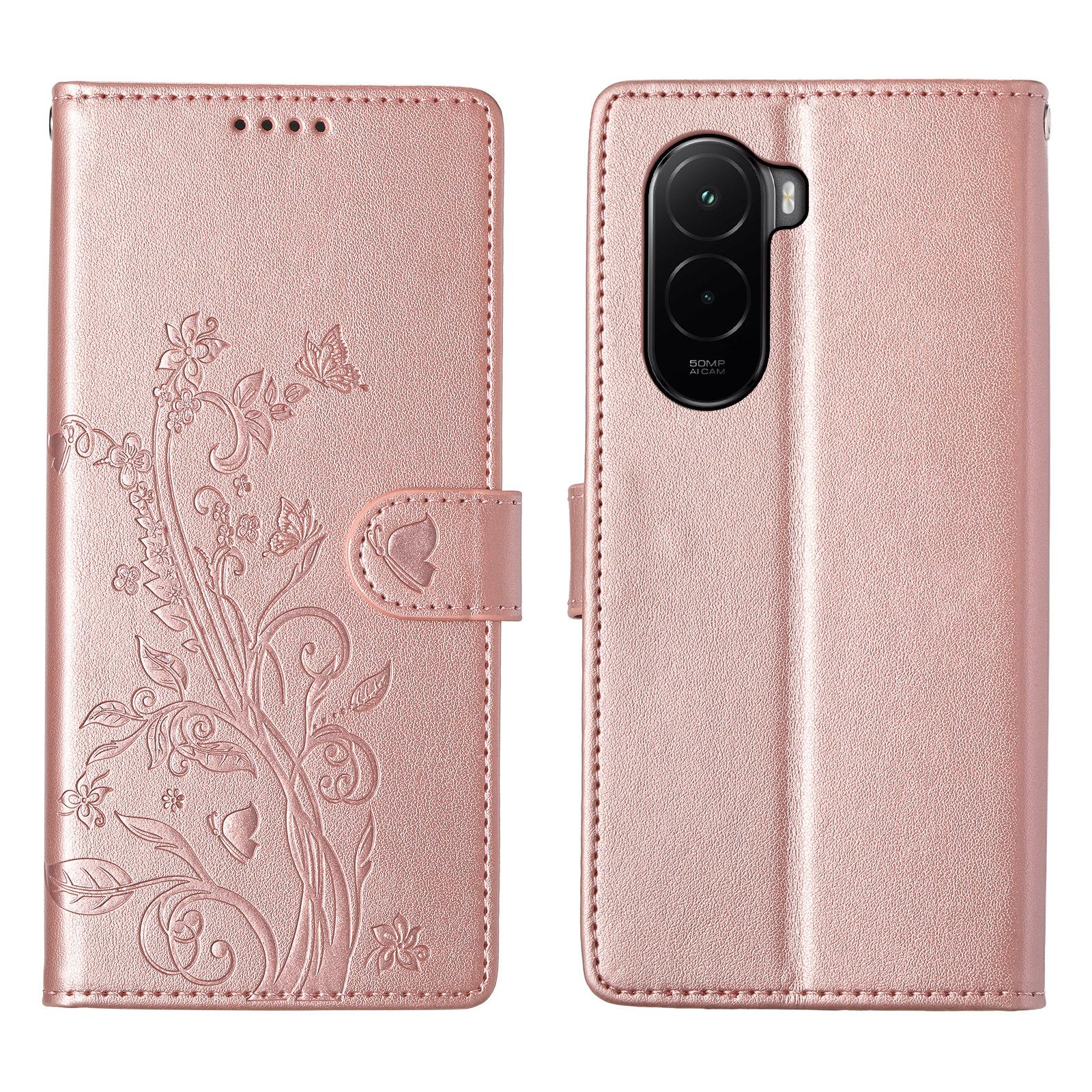 

For Xiaomi Poco M7 4G (EU) (171mm) Wallet Case Butterfly Floral Imprint PU Leather Phone Cover with Wrist Strap - Purple