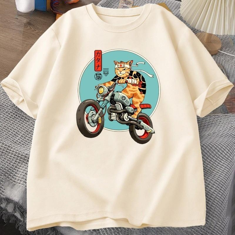 Cat Motorcycle T Shirt Casual Cotton Short Sleeve Tshirt for Women Japanese Style Vintage Graphic Tees Unisexs Clothes Streetwear