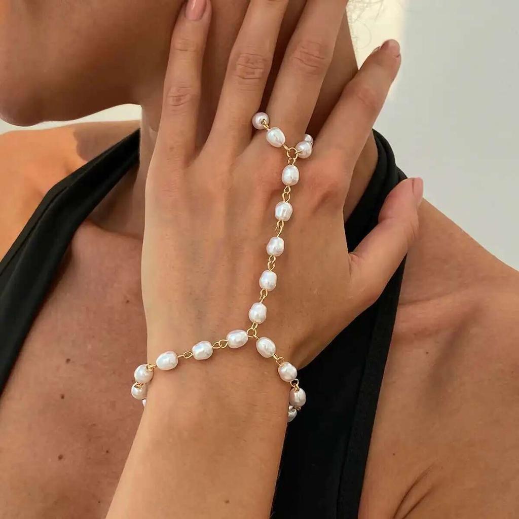 Salircon Exquisite Imitation Pearl Wrist Bracelet Women Vintage Hand Finger Bracelets Charm Ladies Aesthetic Jewelry Set Gift