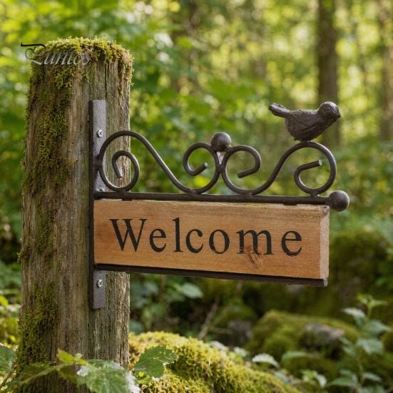 Reinforced Mounting Welcome Sign Mini Bird Sign, Retro Carved Wooden Panel with Iron Frame Wall Shaped Door for Outdoor Porch Courtyard Gates Fences,