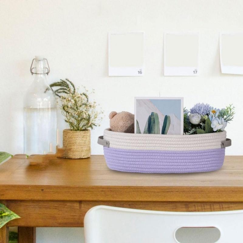 Natural Cotton Rope Oval Storage Basket Featuring Sturdy Leather Handles For Home Use