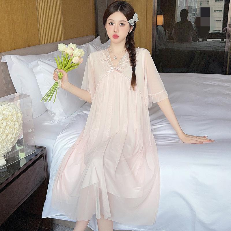 Princess Ling Lei French Nightdress Women'S Summer Mesh Sweet Pure Wind Short-Sleeved Long Dress Pajamas Loungewear
