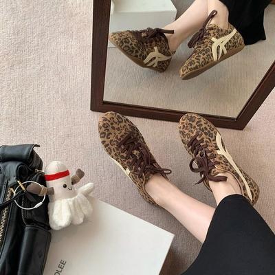 Leopard Print Round Head Low Heel German Training Shoes Women's Shoes 2025 Early Autumn New Versatile Comfortable Light Casual Forrest Gump Shoes