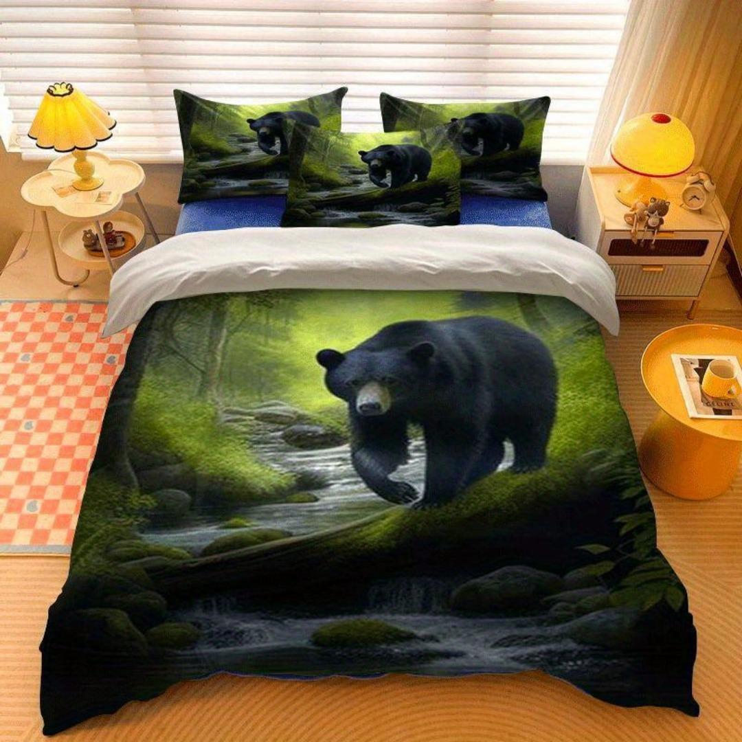 

3pcs Green Lawn Brown Bear 3D Printed Bedding Set Comfortable Duvet Cover King Queen Twin Size Birthday Gift Bedroom Decoration EU Single 135x200cm