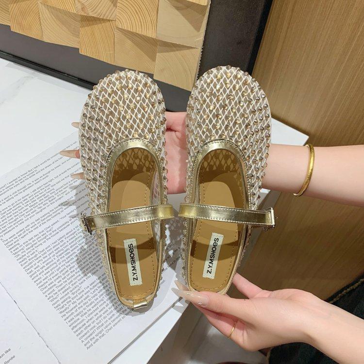 

Soft leather version~ Baotou slippers women s 2025 summer new lazy one-pedal outer wear rhinestone mesh breathable slippers 40