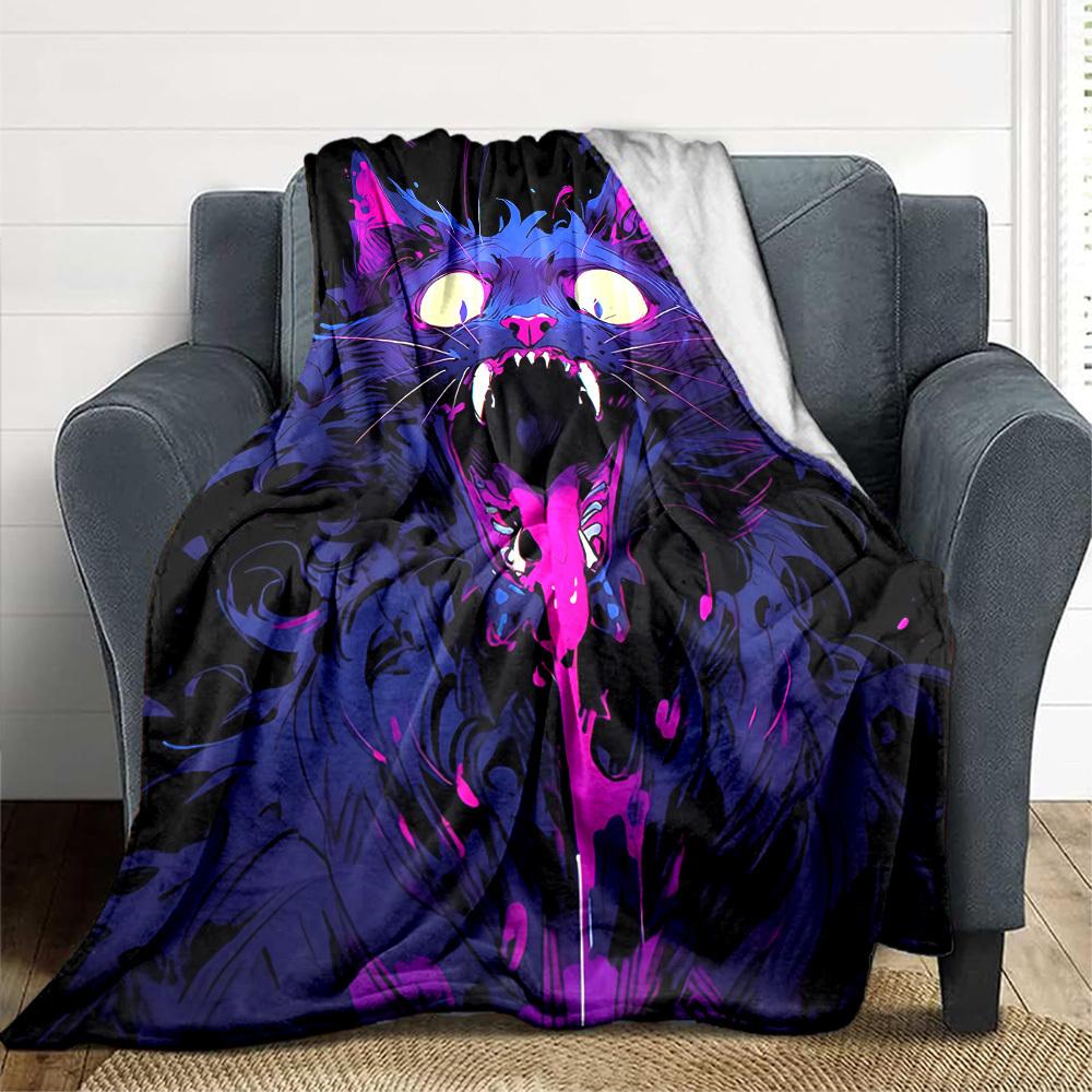 1pc Neon Kitty "Purple Purr" Blanket, Lightweight Flannel Throw Blanket For Sofa, Bed, Travel, Camping, Living Room, Office, Couch, Chair, And Bed