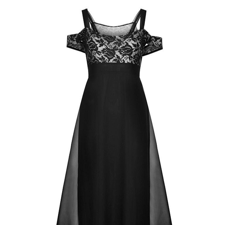 2025 Trendy One-Shoulder Chiffon Lace Spaghetti Strap Long Dress