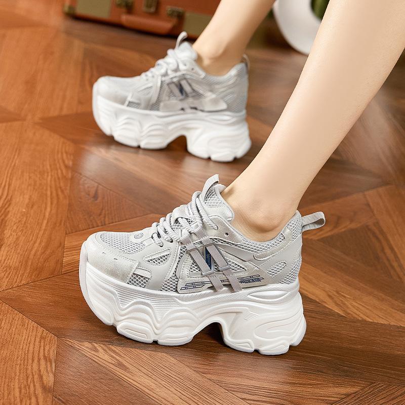 Women's Dad Shoes Summer New Hollow out Breathable Mesh Sneakers 9.5CM Thick Heels Casual Sports Shoes Versatile Chunky Sneakers
