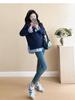 Navy Blue Long Sleeve Maternity Top, Spring/Autumn 2025, Plus Size, Fake Two-Piece Design Sweatshirt