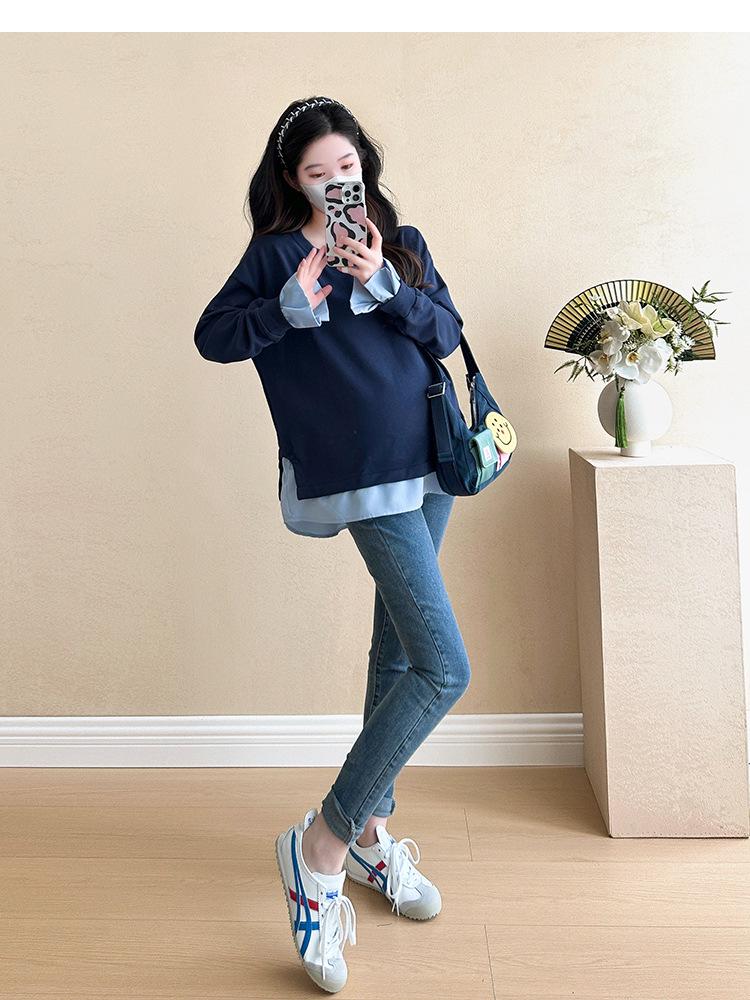 Navy Blue Long Sleeve Maternity Top, Spring/Autumn 2025, Plus Size, Fake Two-Piece Design Sweatshirt