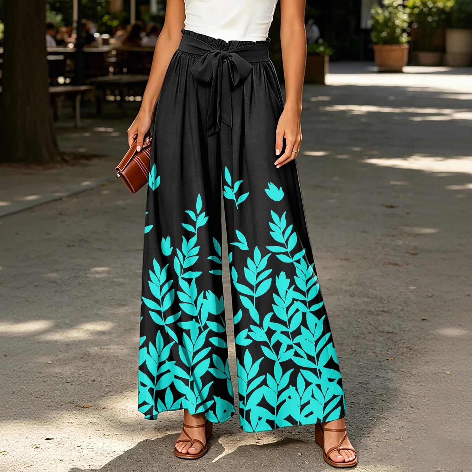 

Women Floral Print Wide Leg Casual Pants High Waist Loose Fit Drawstring Waistband Lightweight Flowing Fabric Trousers XXL ціан