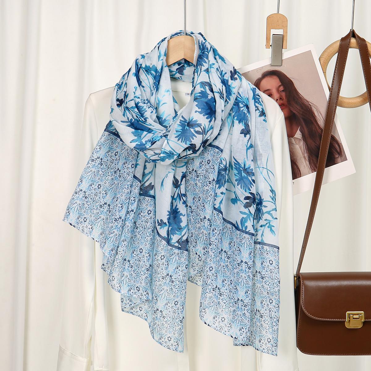 

Splicing Color Cotton Voile Hijab Women Floral Printed Scarf Thin Soft Viscose Shawl Muslim Gradient Foulard Turban Handkerchief