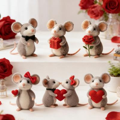 Valentine's Day Felt Mouse Ornament Handmade Holding Rose Heart Gift Box Bowknot Bow Tie